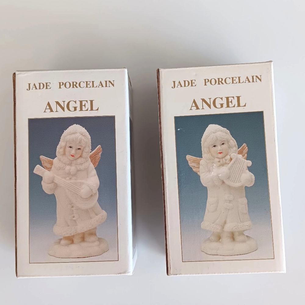 Jade Porcelain Angel Vintage Figurines with Instruments, Original Box, 5" Height